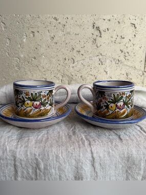 Set of Vintage Hand-painted Cups with Saucers from Portugal